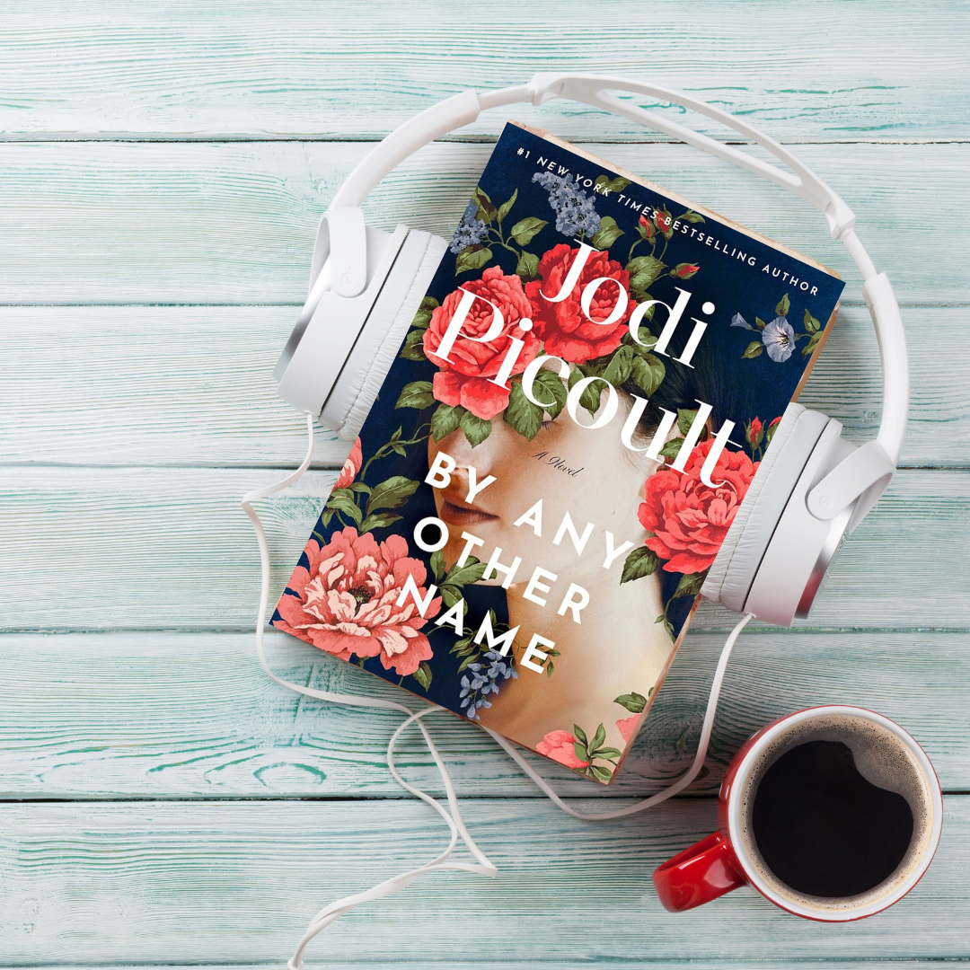 By Any Other Name by Jodi Picoult book cover on a table with coffee for a book review blog post.