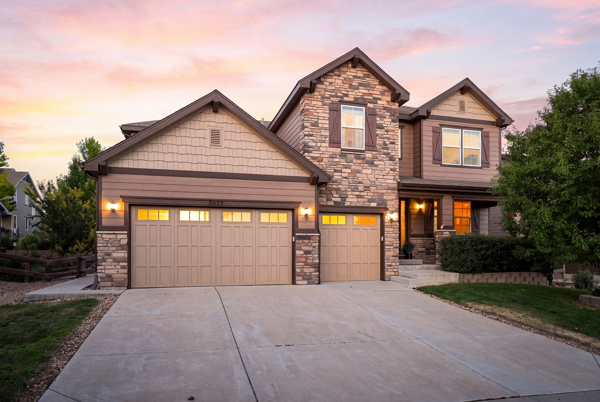 Front exterior of 3677 Schuman Place in Mead, Colorado. Coyote Run home for sale