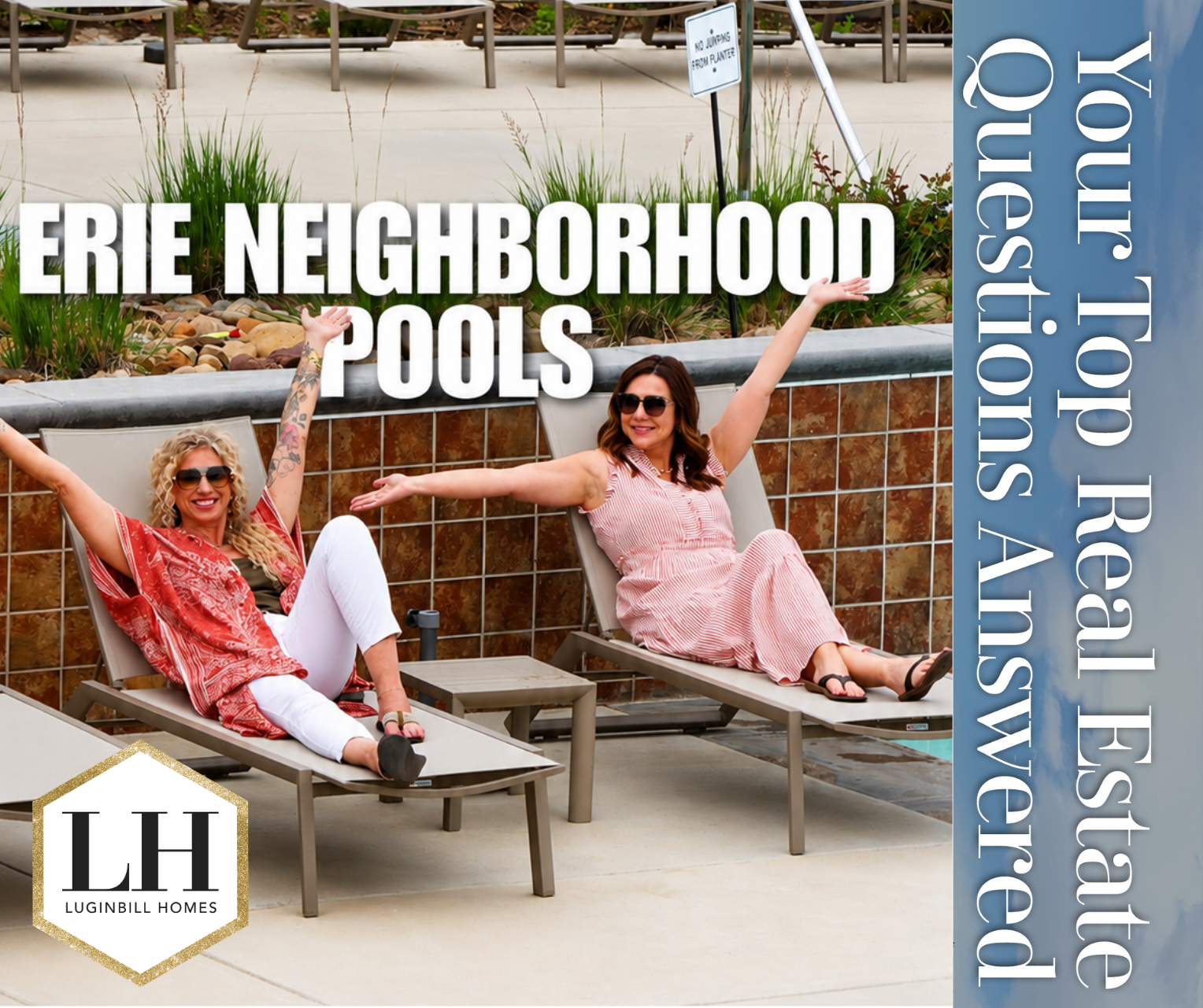 Erie neighborhood pool with Jessica and Misti relaxing on lounge chairs while showcasing community pool amenities in Erie, Colorado.