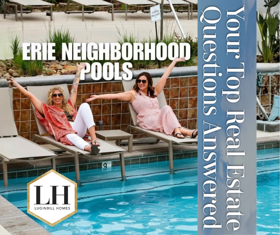 Erie neighborhood pool with Jessica and Misti relaxing on lounge chairs while showcasing community pool amenities in Erie, Colorado.