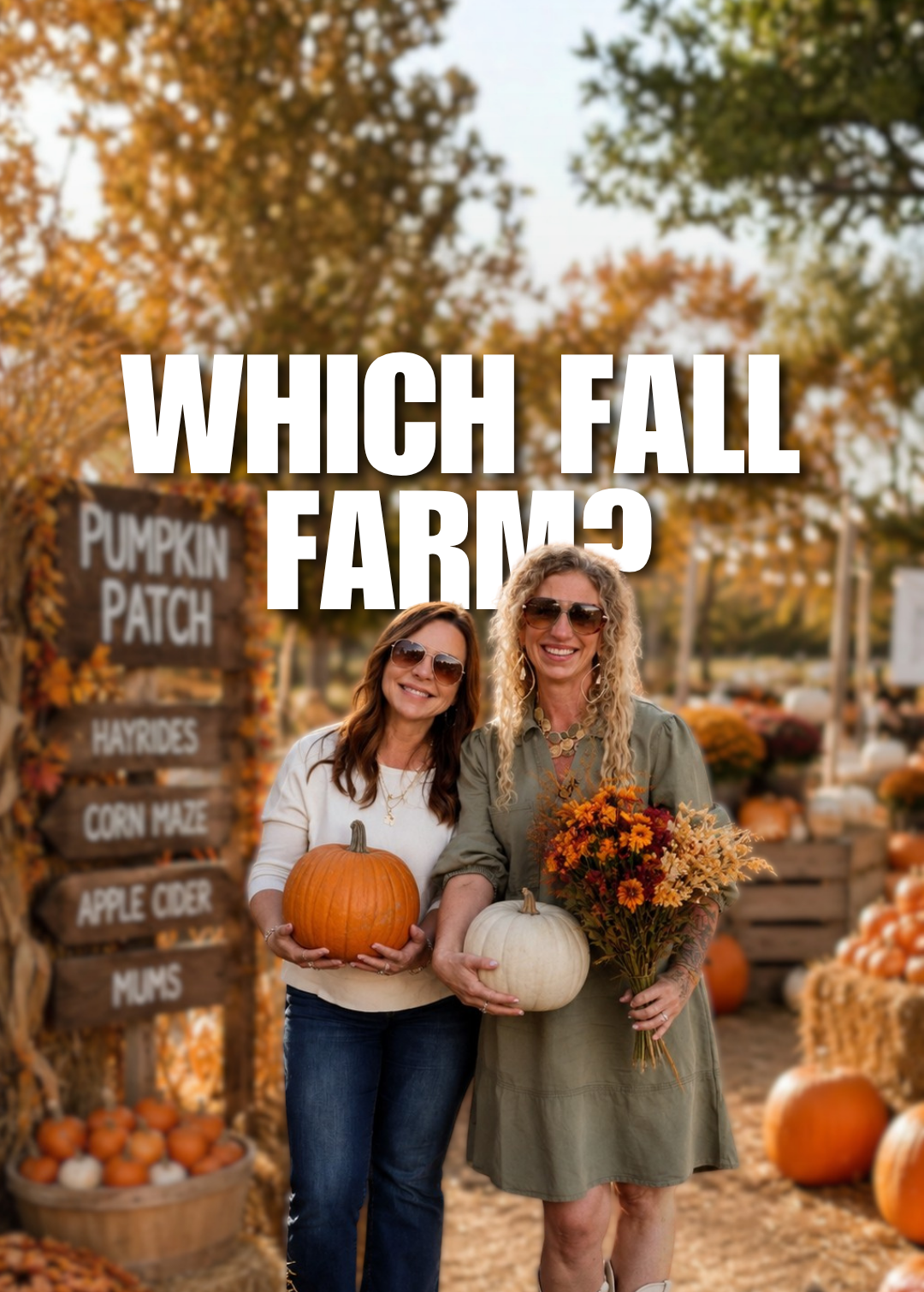 Jessica and Misti visiting Colorado fall farms with pumpkins and autumn decorations