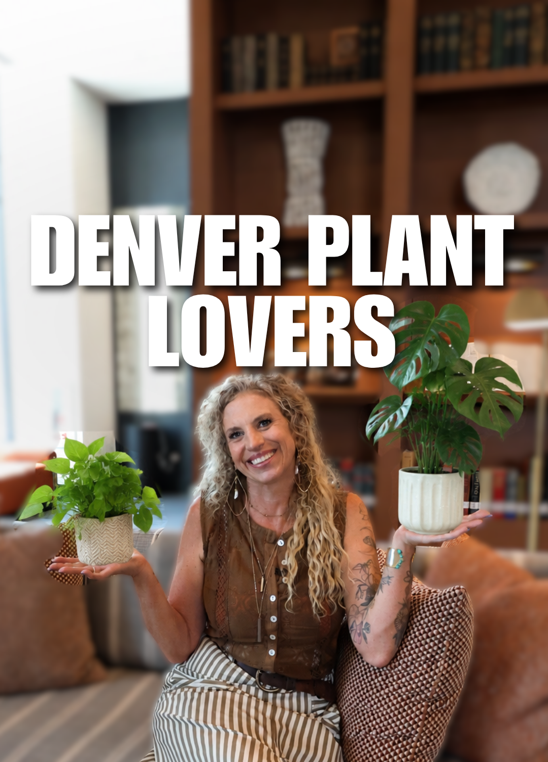 Jessica Luginbill holding two houseplants for a visit to Only Plants Denver at Dairy Block